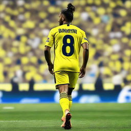 Beautifully drawn back view of 'BUNYAMIN' in a yellow and navy blue jersey featuring his name and number '68', with his hair styled in a top man bun, striding confidently onto the pitch at Fenerbahçe Ülker Stadium.