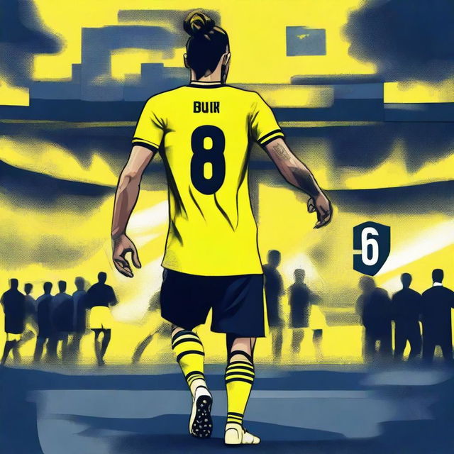 Artistic illustration from the back of 'BUNYO', donned in a yellow and navy blue jersey bearing his name and number '68', with hair styled in a trendy man bun, confidently stepping onto the pitch at Fenerbahçe Ülker Stadium.