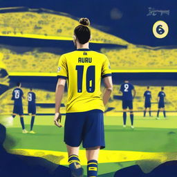 Artistic illustration from the back of 'BUNYO', donned in a yellow and navy blue jersey bearing his name and number '68', with hair styled in a trendy man bun, confidently stepping onto the pitch at Fenerbahçe Ülker Stadium.