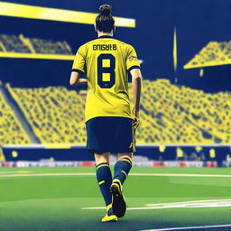 Artistic illustration from the back of 'BUNYO', donned in a yellow and navy blue jersey bearing his name and number '68', with hair styled in a trendy man bun, confidently stepping onto the pitch at Fenerbahçe Ülker Stadium.