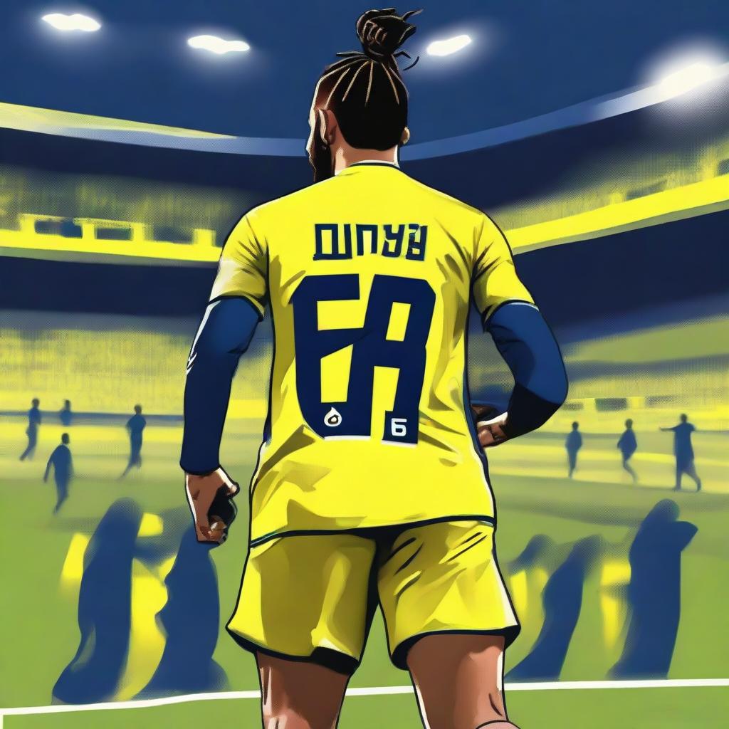 Artistic illustration from the back of 'BUNYO', donned in a yellow and navy blue jersey bearing his name and number '68', with hair styled in a trendy man bun, confidently stepping onto the pitch at Fenerbahçe Ülker Stadium.