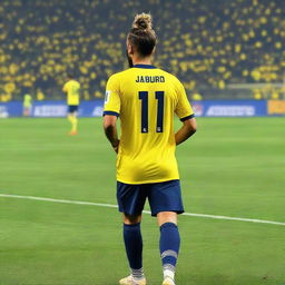 A beautifully drawn back view of "BUNYO", dressed a yellow and navy blue jersey featuring his name and number "9", he has a top Man Bun hair , as he confidently steps onto the pitch at the Fenerbahçe Ülker Stadium.