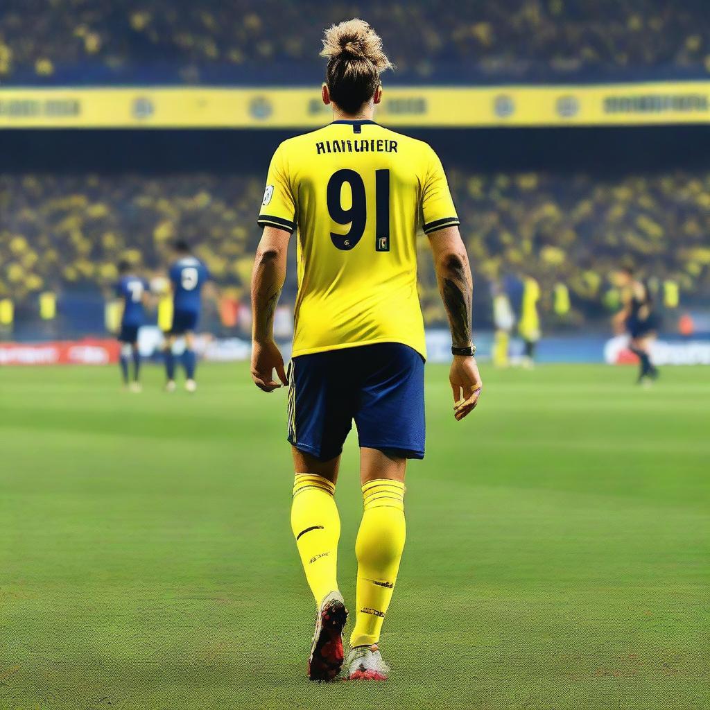 A beautifully drawn back view of "BUNYO", dressed a yellow and navy blue jersey featuring his name and number "9", he has a top Man Bun hair , as he confidently steps onto the pitch at the Fenerbahçe Ülker Stadium.