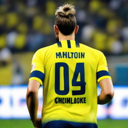 A beautifully drawn back view of "BUNYO", dressed a yellow and navy blue jersey featuring his name and number "9", he has a top Man Bun hair , as he confidently steps onto the pitch at the Fenerbahçe Ülker Stadium.