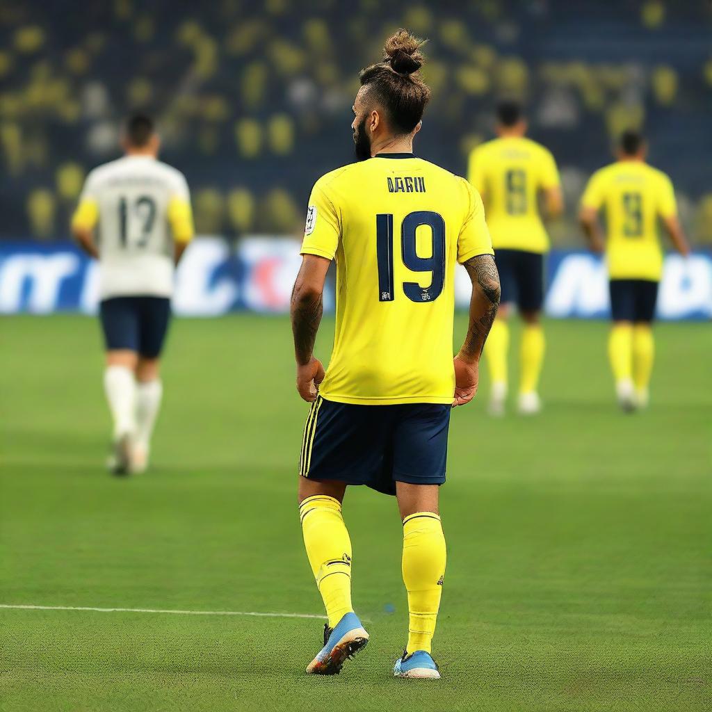 A beautifully drawn back view of "BUNYO", dressed a yellow and navy blue jersey featuring his name and number "9", he has a top Man Bun hair , as he confidently steps onto the pitch at the Fenerbahçe Ülker Stadium.