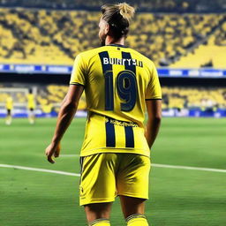 A beautifully drawn back view of "BUNYO", dressed a yellow and navy blue Striped jersey featuring his name and number "9", he has a top Man Bun hair , as he confidently steps onto the pitch at the Fenerbahçe Ülker Stadium.