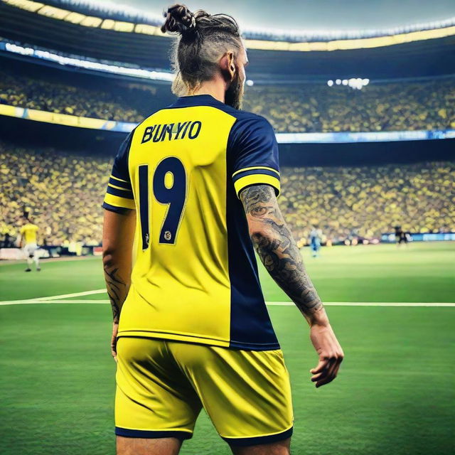 A beautifully drawn back view of "BUNYO", dressed a yellow and navy blue Striped jersey featuring his name and number "9", he has a top Man Bun hair , as he confidently steps onto the pitch at the Fenerbahçe Ülker Stadium.