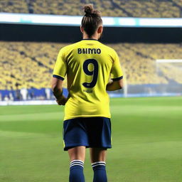 A beautifully drawn back view of "BUNYO", dressed a yellow and navy blue Striped jersey featuring his name and number "9", he has a top Man Bun hair , as he confidently steps onto the pitch at the Fenerbahçe Ülker Stadium.