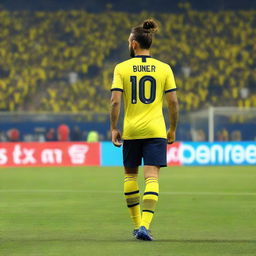 A beautifully drawn back view of "BUNYO", dressed a yellow and navy blue Striped jersey featuring his name and number "9", he has a top Man Bun hair , as he confidently steps onto the pitch at the Fenerbahçe Ülker Stadium.