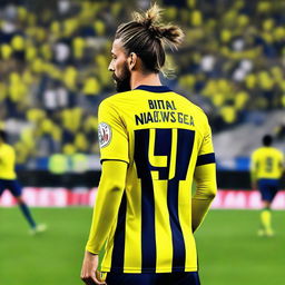 A beautifully drawn back view of "BUNYO", dressed a yellow and navy blue Striped jersey featuring his name and number "9", he has a top Man Bun hair , as he confidently steps onto the pitch at the Fenerbahçe Ülker Stadium.