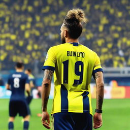 A beautifully drawn back view of "BUNYO", dressed a yellow and navy blue Striped jersey featuring his name and number "9", he has a top Man Bun hair , as he confidently steps onto the pitch at the Fenerbahçe Ülker Stadium.