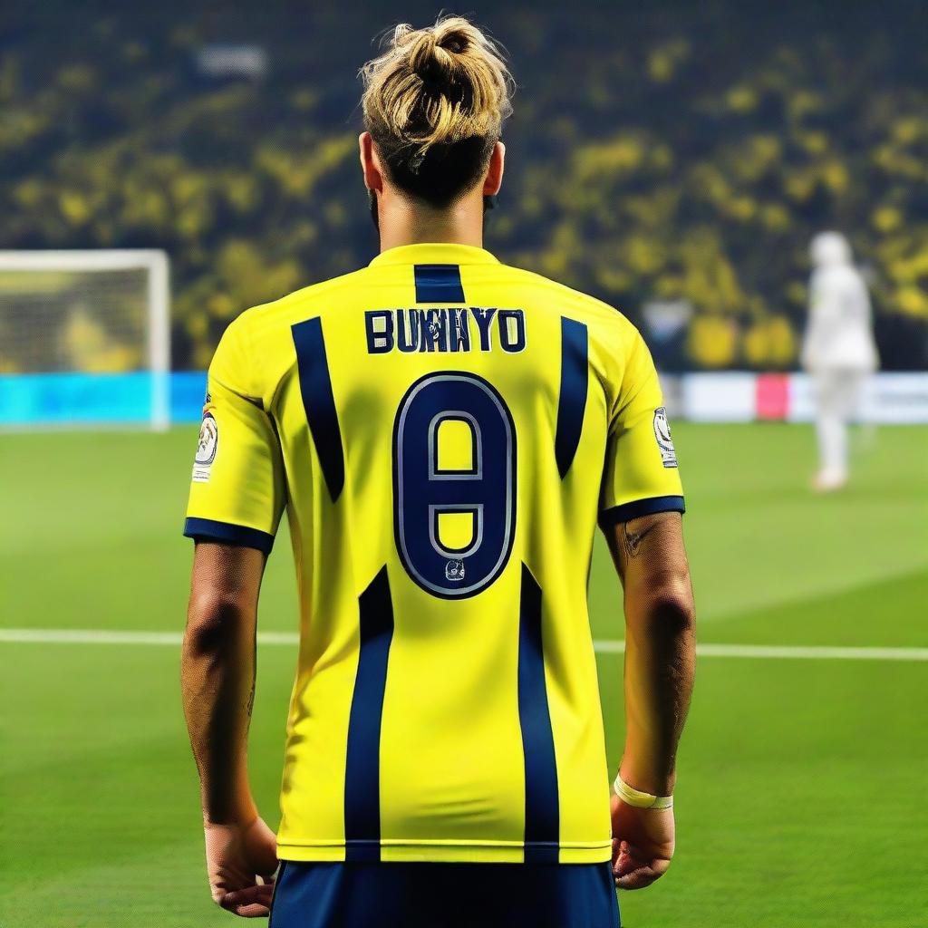 A beautifully drawn back view of "BUNYO", dressed a yellow and navy blue Striped jersey featuring his name and number "9", he has a top Man Bun hair , as he confidently steps onto the pitch at the Fenerbahçe Ülker Stadium.