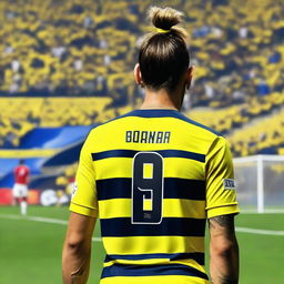 A beautifully drawn back view of "BUNYO", dressed a yellow and navy blue Striped jersey featuring his name and number "9", he has a top Man Bun hair , as he confidently steps onto the pitch at the Fenerbahçe Ülker Stadium.