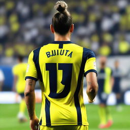 A beautifully drawn back view of "BUNYO", dressed a yellow and navy blue Striped jersey featuring his name and number "9", he has a top Man Bun hair , as he confidently steps onto the pitch at the Fenerbahçe Ülker Stadium.