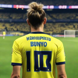 A beautifully drawn back view of "BUNYO", dressed a yellow and navy blue Striped jersey featuring his name and number "9", he has a top Man Bun hair , as he confidently steps onto the pitch at the Fenerbahçe Ülker Stadium.