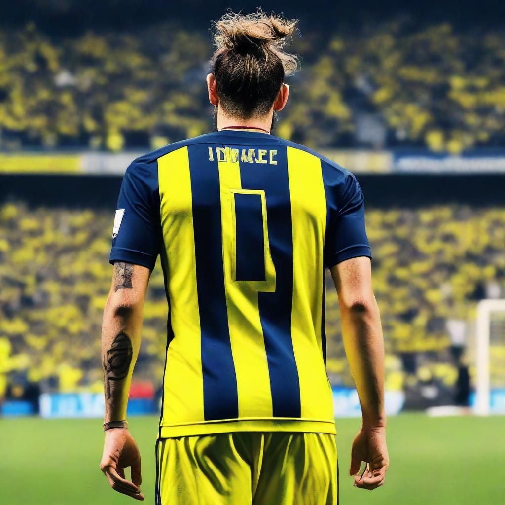 A beautifully drawn back view of "BUNYO", dressed a yellow and navy blue Striped jersey featuring his name and number "9", he has a top Man Bun hair , as he confidently steps onto the pitch at the Fenerbahçe Ülker Stadium.