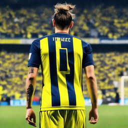 A beautifully drawn back view of "BUNYO", dressed a yellow and navy blue Striped jersey featuring his name and number "9", he has a top Man Bun hair , as he confidently steps onto the pitch at the Fenerbahçe Ülker Stadium.