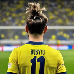 A beautifully drawn back view of "BUNYO", dressed a yellow and navy blue Striped jersey featuring his name and number "9", he has a top Man Bun hair , as he confidently steps onto the pitch at the Fenerbahçe Ülker Stadium.