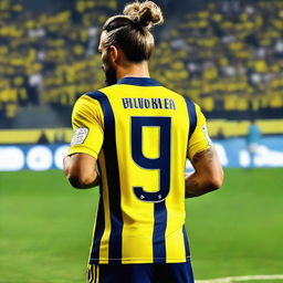 A beautifully drawn back view of "BUNYO", dressed a yellow and navy blue Striped jersey featuring his name and number "9", he has a top Man Bun hair , as he confidently steps onto the pitch at the Fenerbahçe Ülker Stadium.