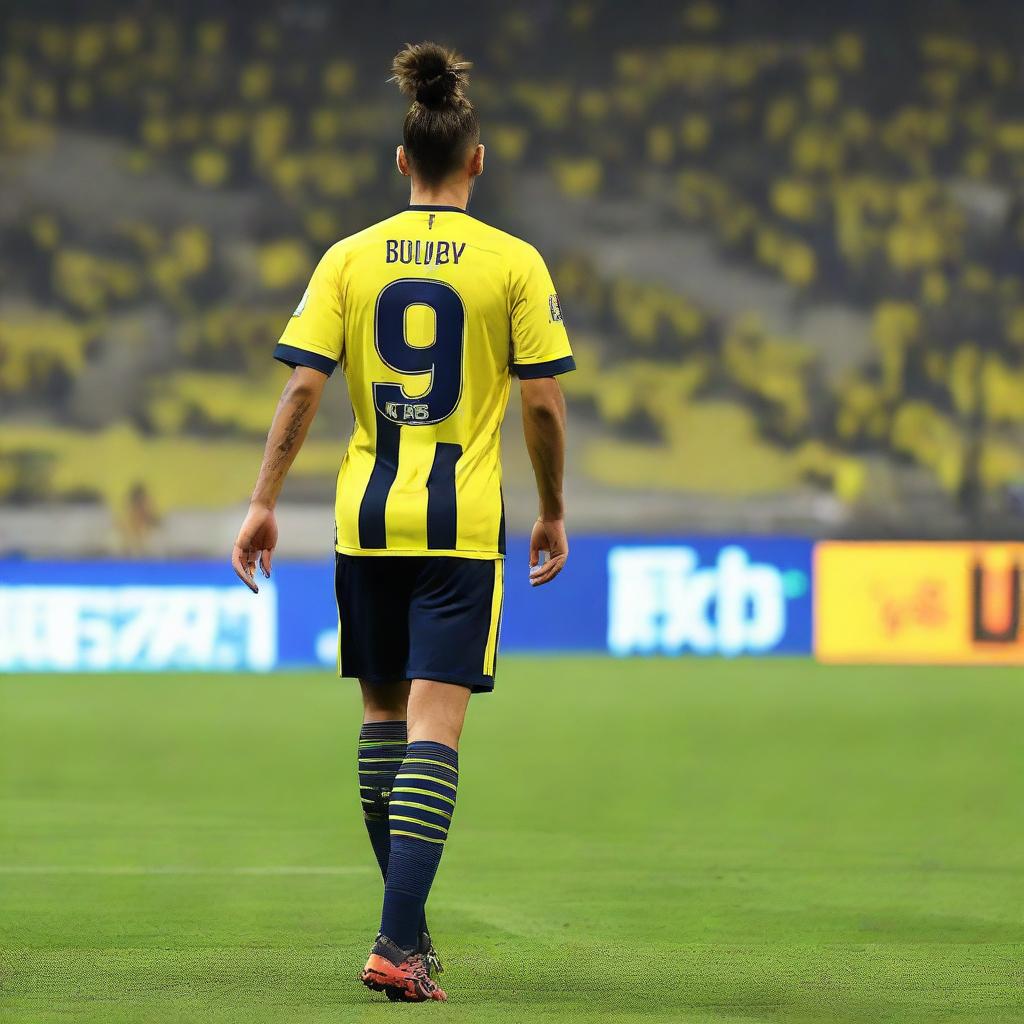 A beautifully drawn back view of "BUNYO", dressed a yellow and navy blue Striped jersey featuring his name and number "9", he has a top Man Bun hair , as he confidently steps onto the pitch at the Fenerbahçe Ülker Stadium.