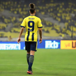 A beautifully drawn back view of "BUNYO", dressed a yellow and navy blue Striped jersey featuring his name and number "9", he has a top Man Bun hair , as he confidently steps onto the pitch at the Fenerbahçe Ülker Stadium.