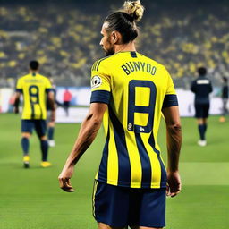 A beautifully drawn back view of "BUNYO", dressed a yellow and navy blue Striped jersey featuring his name and number "9", he has a top Man Bun hair , as he confidently steps onto the pitch at the Fenerbahçe Ülker Stadium.