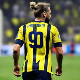 A beautifully drawn back view of "BUNYO", dressed a yellow and navy blue Striped jersey featuring his name and number "9", he has a top Man Bun hair , as he confidently steps onto the pitch at the Fenerbahçe Ülker Stadium.