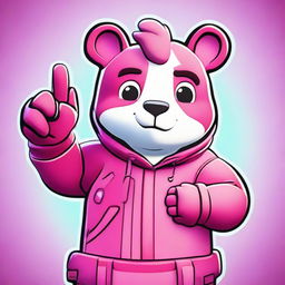 2D outline animated style close-up of Fortnite's Cuddle Team Leader, displaying a thumbs-up despite the confused expression, featuring expressive eyes and vibrant colors.