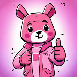 2D outline animated style close-up of Fortnite's Cuddle Team Leader, displaying a thumbs-up despite the confused expression, featuring expressive eyes and vibrant colors.