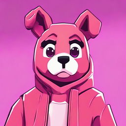 2D outline animated style close-up of Fortnite's Cuddle Team Leader, displaying a thumbs-up despite the confused expression, featuring expressive eyes and vibrant colors.