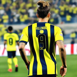 A beautifully drawn back view of "BUNYO", dressed a yellow and navy blue Striped jersey featuring his name and number "9", he has a top Man Bun hair , as he confidently steps onto the pitch at the Fenerbahçe Ülker Stadium.