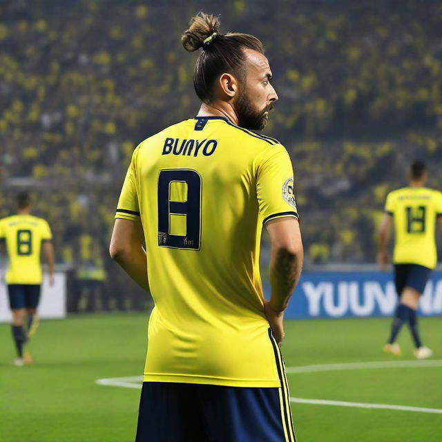 A beautifully drawn back view of "BUNYO", dressed a yellow and navy blue Striped jersey featuring his name and number "9", he has a top Man Bun hair , as he confidently steps onto the pitch at the Fenerbahçe Ülker Stadium.