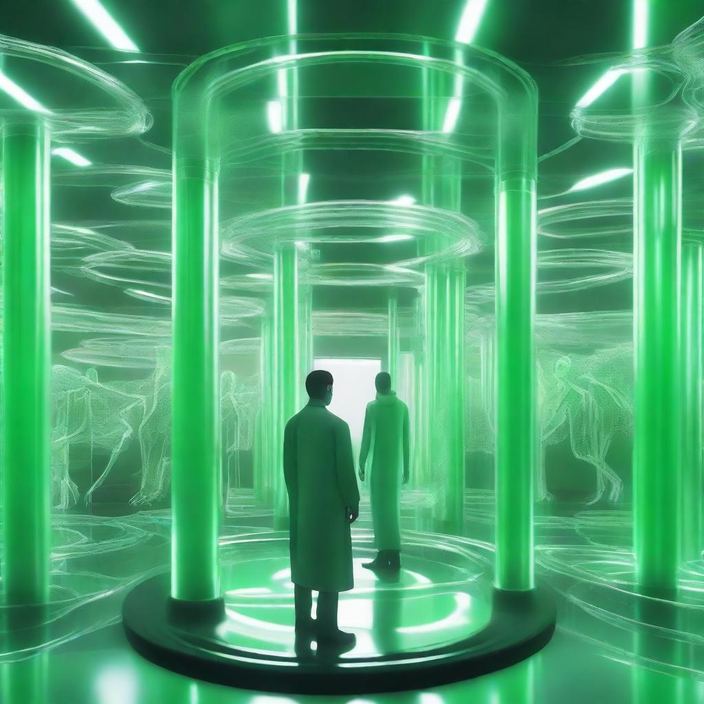 An intricate digital art piece showcasing a first-person perspective of a human inside a glass tube filled with clear liquid