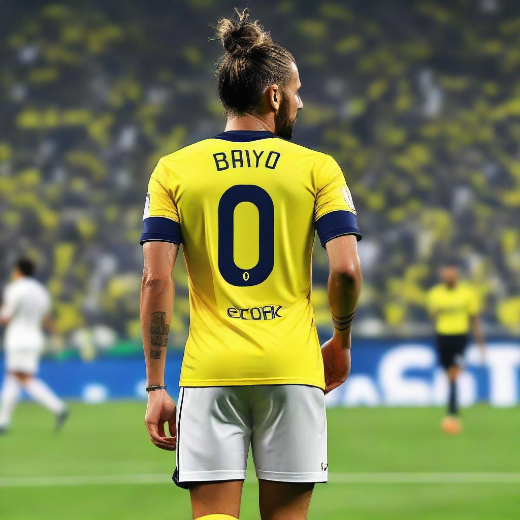 A beautifully drawn back view of "BUNYO", dressed a yellow and navy blue Striped jersey featuring his name and number "9", he has a top Man Bun hair , as he confidently steps onto the pitch at the Fenerbahçe Ülker Stadium.