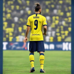 A beautifully drawn back view of "BUNYO", dressed a yellow and navy blue Striped jersey featuring his name and number "9", he has a top Man Bun hair , as he confidently steps onto the pitch at the Fenerbahçe Ülker Stadium.