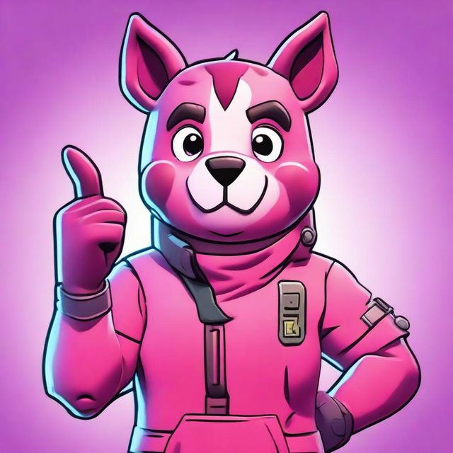 2D outline animated close-up of Fortnite's Cuddle Team Leader showing a thumbs up in a state of confusion, accentuated with expressive eyes and vibrant colors.