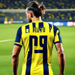 A beautifully drawn back view of "BUNYO", dressed a yellow and navy blue Striped jersey featuring his name and number "9", he has a top Man Bun hair , as he confidently steps onto the pitch at the Fenerbahçe Ülker Stadium.