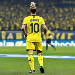 A beautifully drawn back view of "BUNYO", dressed a yellow and navy blue Striped jersey featuring his name and number "9", he has a top Man Bun hair , as he confidently steps onto the pitch at the Fenerbahçe Ülker Stadium.