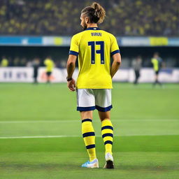 A beautifully drawn back view of "BUNYO", dressed a yellow and navy blue Striped jersey featuring his name and number "9", he has a top Man Bun hair , as he confidently steps onto the pitch at the Fenerbahçe Ülker Stadium.