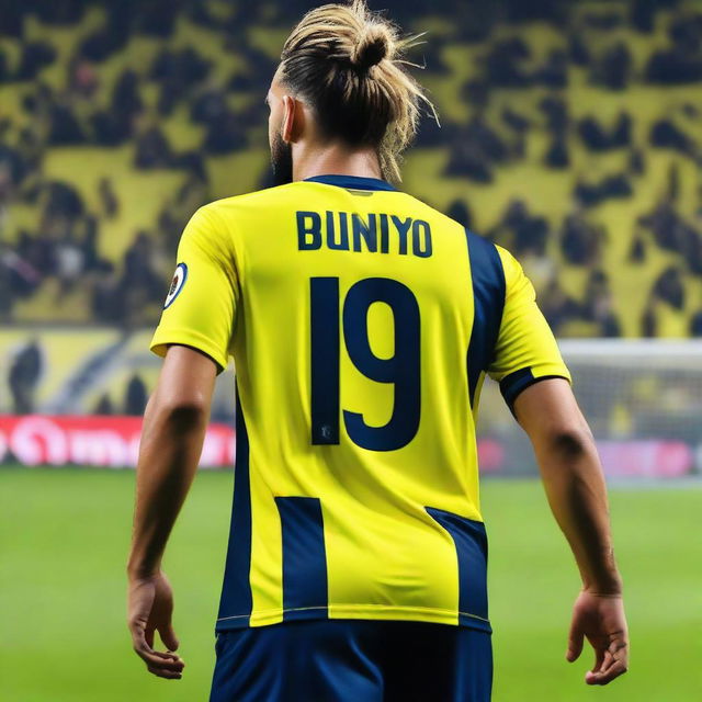 A beautifully drawn back view of "BUNYO", dressed a yellow and navy blue Striped jersey featuring his name and number "9", he has a top Man Bun hair , as he confidently steps onto the pitch at the Fenerbahçe Ülker Stadium.