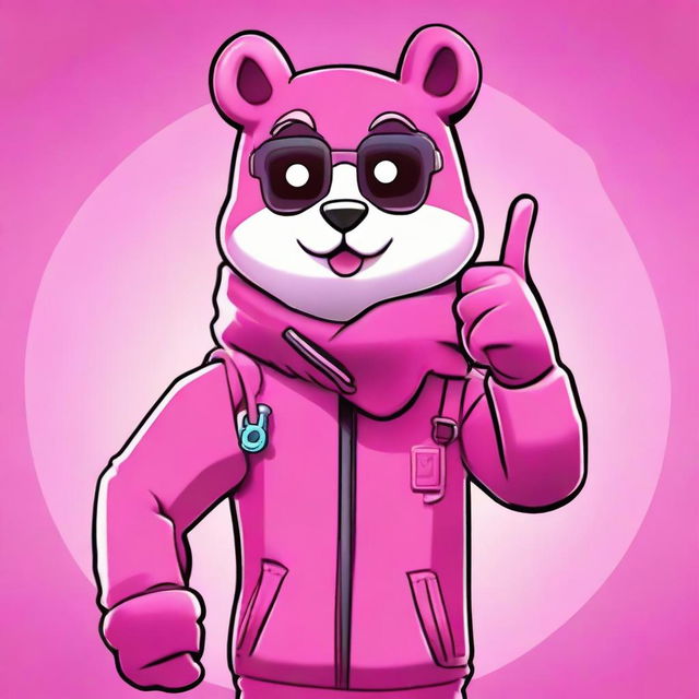 2D outline animated close-up of Fortnite's Cuddle Team Leader showing a thumbs up with a confused facial expression, highlighting expressive eyes and vibrant colors.