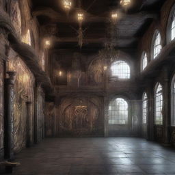 A highly unique gym environment inspired by both Dark Souls and the Elden Ring universes, with themed workout areas, hauntingly beautiful murals, and distinctive fantasy elements integrated into the design.