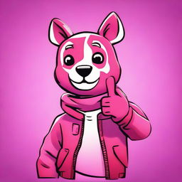 2D outline animated close-up of Fortnite's Cuddle Team Leader showing a thumbs up with a confused expression, featuring expressive eyes and vibrant colors.