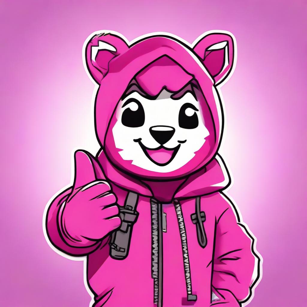 2D outline animated close-up of Fortnite's Cuddle Team Leader showing a thumbs up, expressing positivity with vibrant colors and expressive eyes.