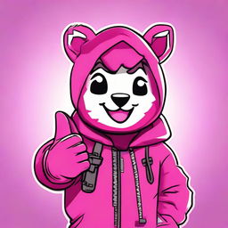 2D outline animated close-up of Fortnite's Cuddle Team Leader showing a thumbs up, expressing positivity with vibrant colors and expressive eyes.