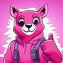 2D outline animated close-up of Fortnite's Cuddle Team Leader showing a thumbs up, expressing positivity with vibrant colors and expressive eyes.