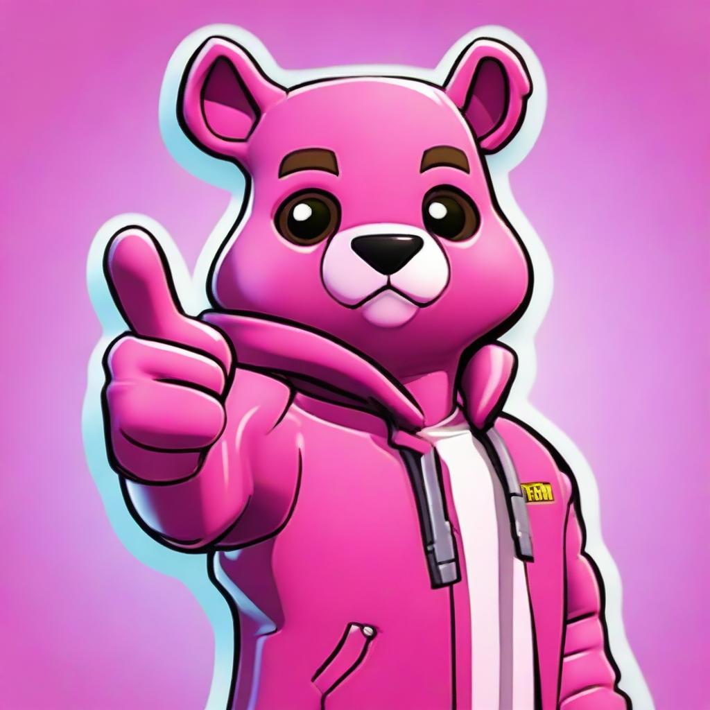 2D animated outline style close-up of Fortnite's Cuddle Team Leader giving a thumbs-up, highlighting expressive eyes and vibrant colors.