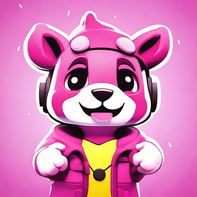 Close up 2D outline animated style of Fortnite's Cuddle Team Leader's face, showing a thumbs up with expressive eyes and vibrant colors.