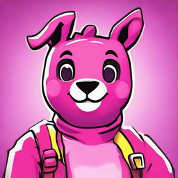 Close up 2D outline animated style of Fortnite's Cuddle Team Leader's face, showing a thumbs up with expressive eyes and vibrant colors.