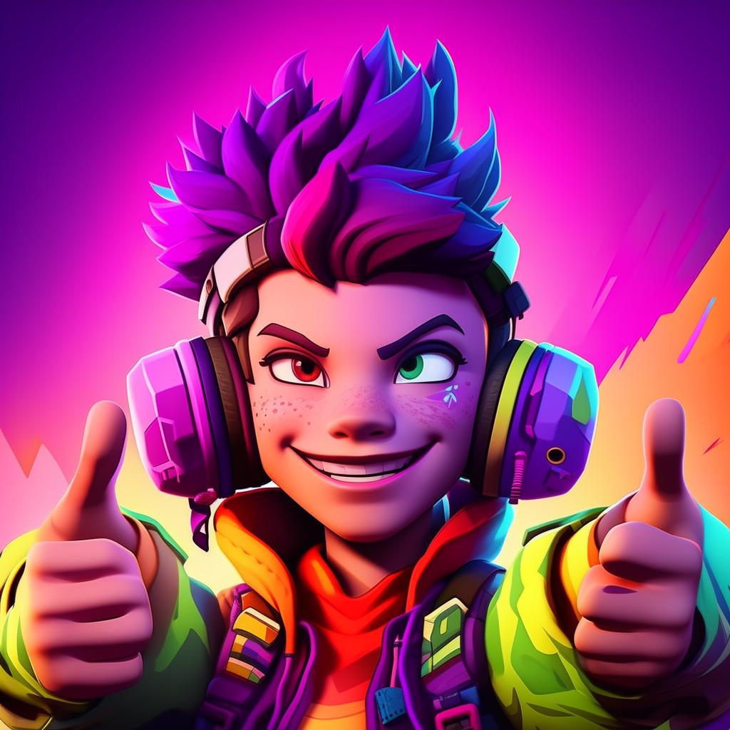 2D outline animated style close-up of Fortnite's Cuddle Team Leader showing a thumbs up, radiating positivity with expressive eyes and vibrant colors.